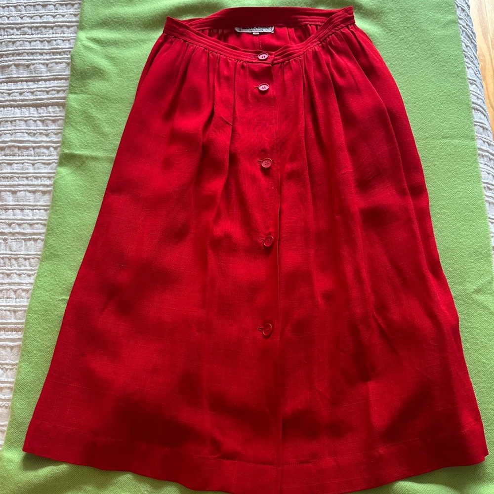 Vintage Saint-Laurent Red Linen Button-Down Midi Skirt